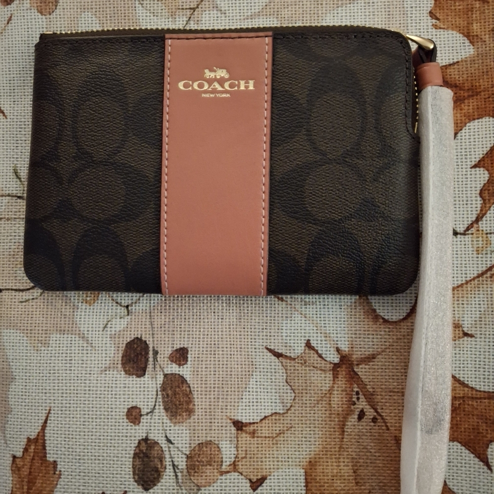 Coach Black and Brown Wristlet with Pink Accent